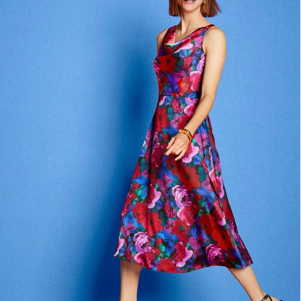 NWT Talbots Red and Pink Floral Satin Cowl-Neck Midi Dress